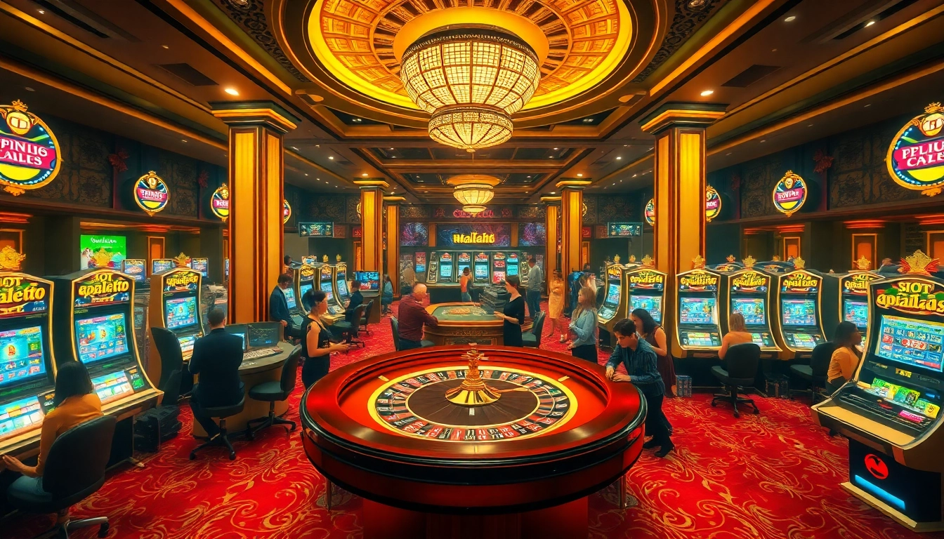 Players enjoying the thrill of slot apiraja88 at a vibrant casino scene, showcasing luxury and excitement.