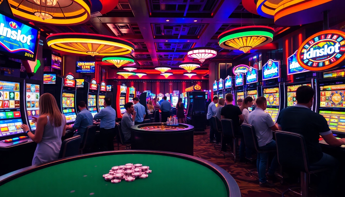 Players enjoying an exciting moment on idnslot machines in a vibrant casino atmosphere.