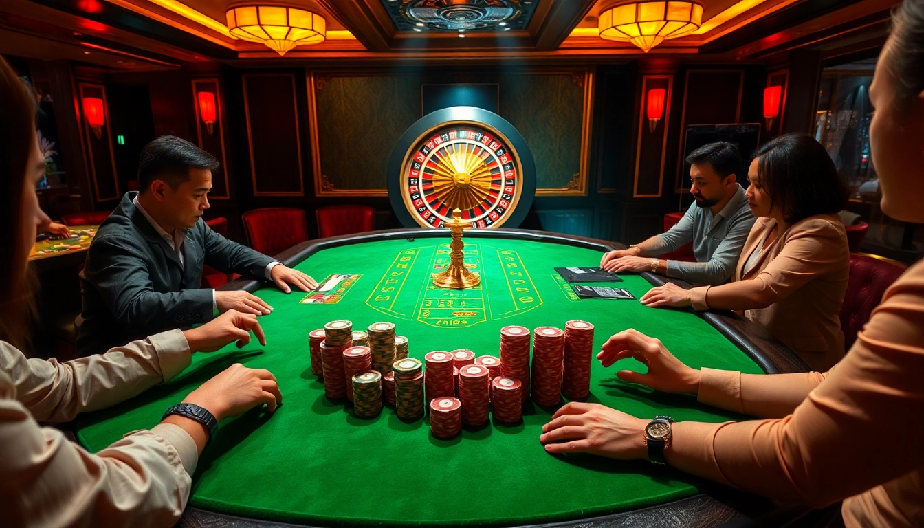Engaged players at a high-stakes poker table at urr88.com casino, showcasing luxury and excitement.