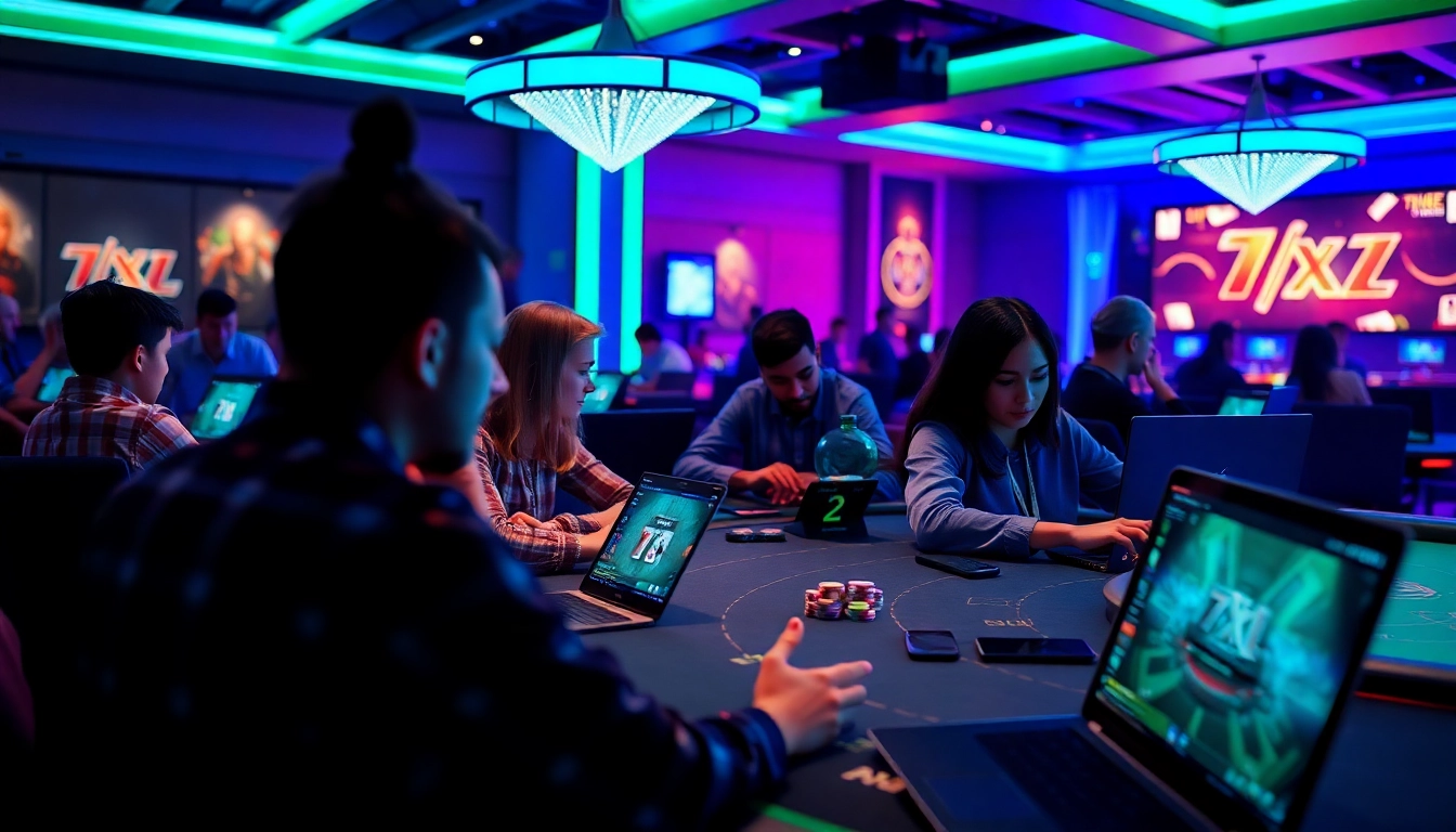 ממשק אפליקציית 7xl להורדה עם שחקנים מגוונים נהנים מפוקר אונליין, צבעים בוהקים ואווירה מרתקת.