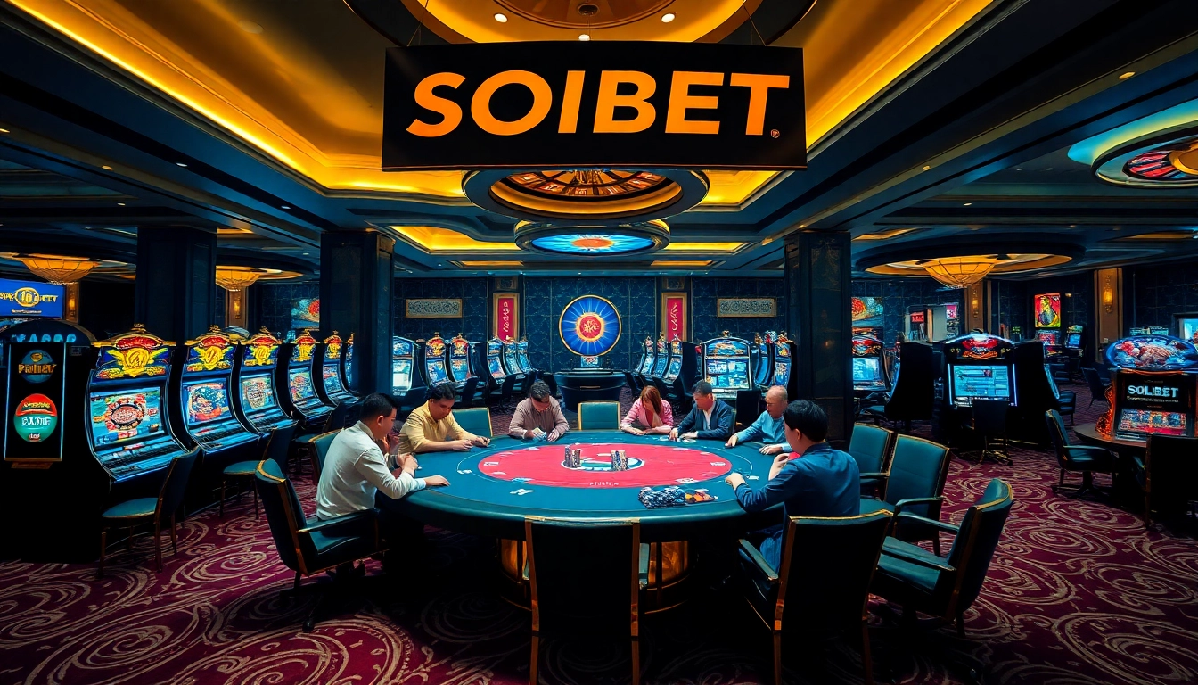Experience thrilling casino action at SOIBET with high-stakes poker and glowing slot machines.