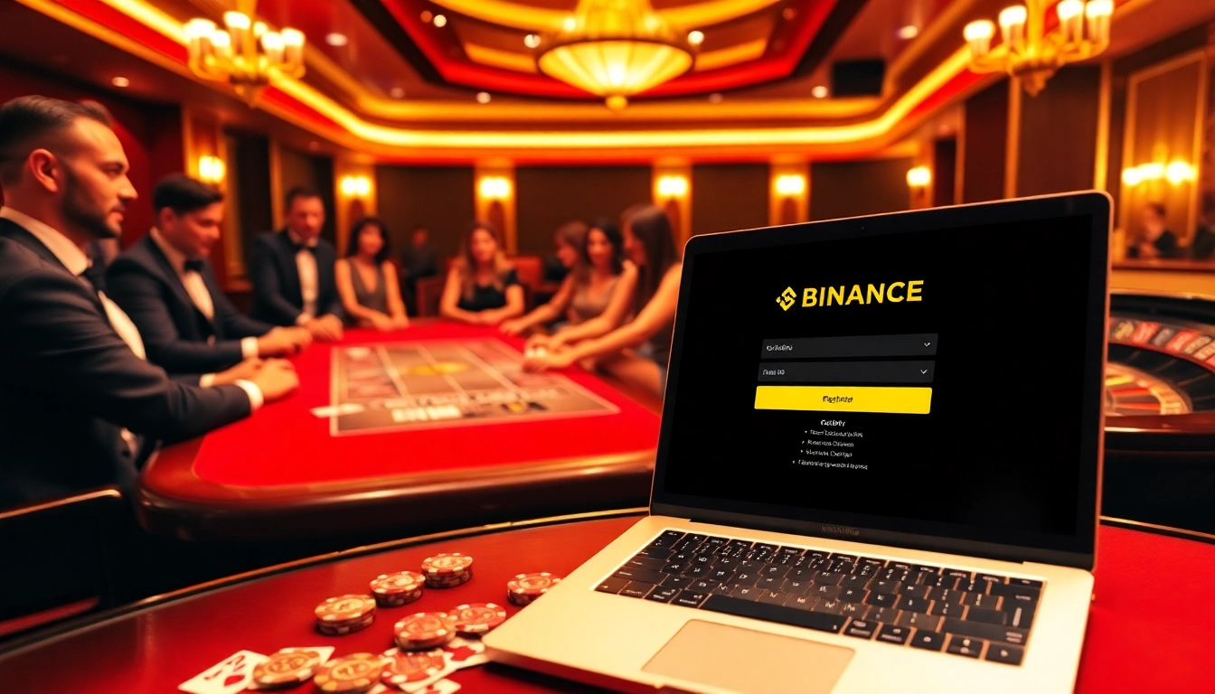 Binance 회원가입 offers a seamless experience on a luxury poker table with chips, cards, and a laptop.
