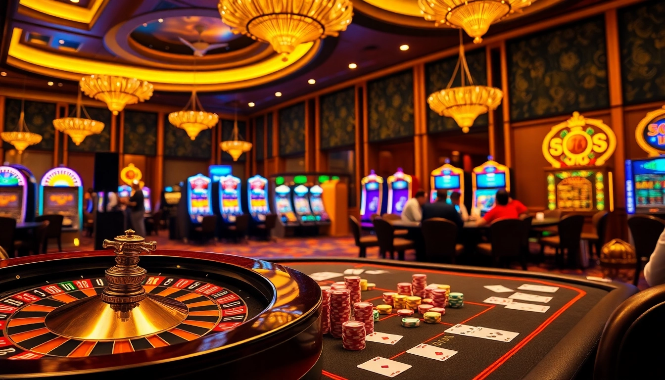Experience the excitement of 555win casino with poker tables, chips, and roulette wheels.
