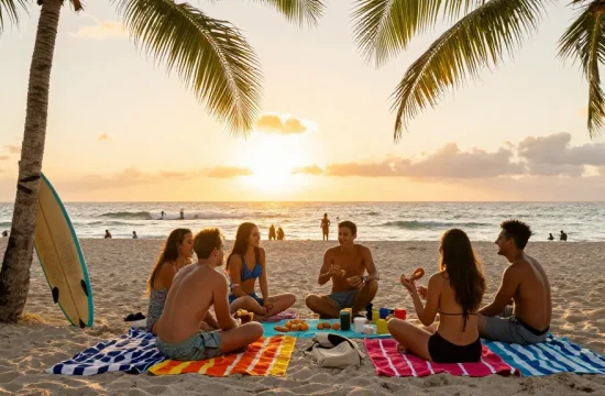 Pengalaman berlibur di https://miami4d.com/ dengan sekelompok teman menikmati piknik di pantai Miami saat senja.