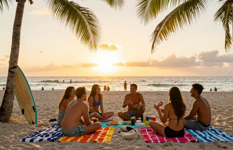 Pengalaman berlibur di https://miami4d.com/ dengan sekelompok teman menikmati piknik di pantai Miami saat senja.